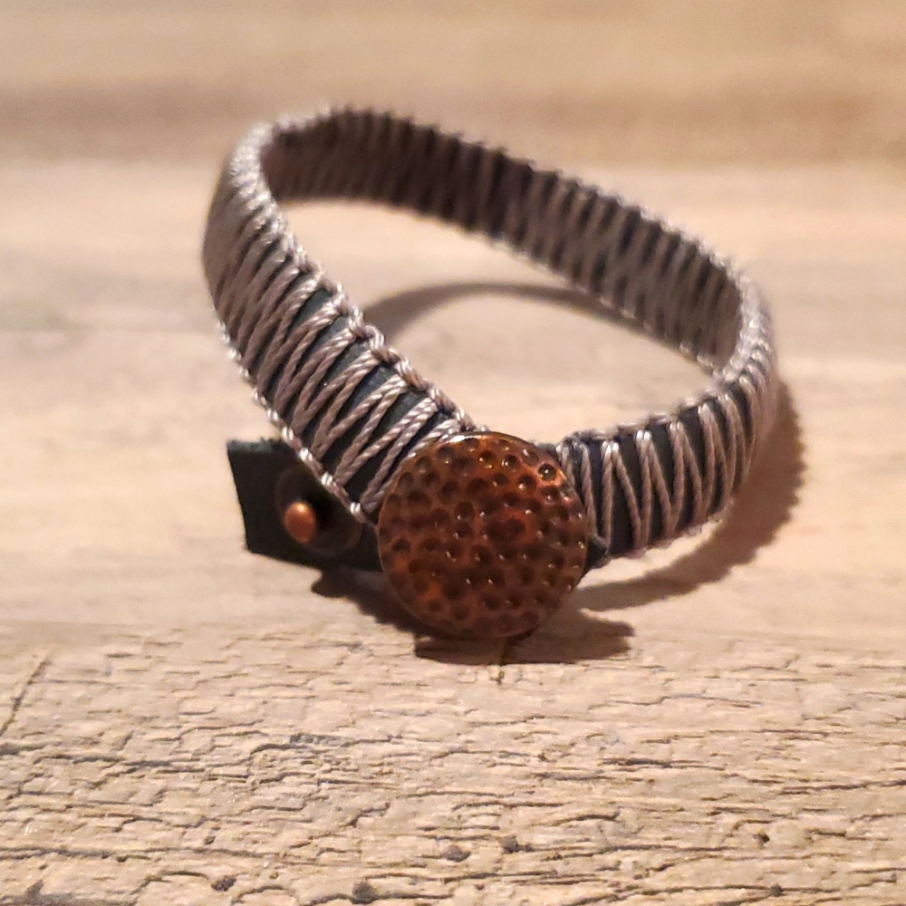 *2/$10* Black and Gray Woven Bracelet with Brass Hammered Accent Button Closure